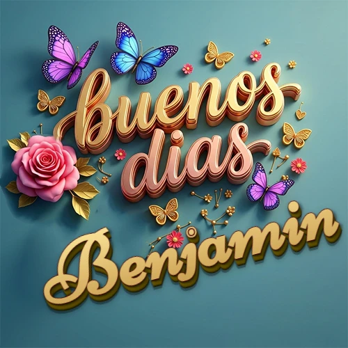 Fondo azul cielo con rosas rosadas y mariposas de colores, frase 'Buenos Días' en dorado 3D, nombre en dorado cursiva abajo. Nombre personalizado: Benjamin.