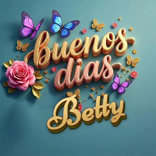 Fondo azul cielo con rosas rosadas y mariposas de colores, frase 'Buenos Días' en dorado 3D, nombre en dorado cursiva abajo. Nombre personalizado: Betty.