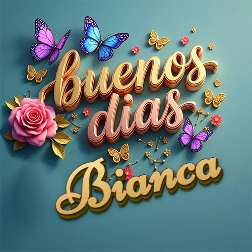Fondo azul cielo con rosas rosadas y mariposas de colores, frase 'Buenos Días' en dorado 3D, nombre en dorado cursiva abajo. Nombre personalizado: Bianca. Fondo azul cielo con rosas rosadas y mariposas de colores, frase 'Buenos Días' en dorado 3D, nombre en dorado cursiva abajo. Nombre personalizado: Bianca.