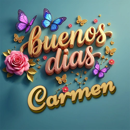 Fondo azul cielo con rosas rosadas y mariposas de colores, frase 'Buenos Días' en dorado 3D, nombre en dorado cursiva abajo. Nombre personalizado: Carmen.