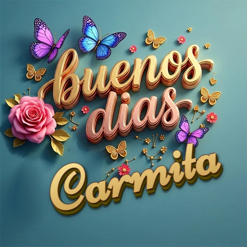Fondo azul cielo con rosas rosadas y mariposas de colores, frase 'Buenos Días' en dorado 3D, nombre en dorado cursiva abajo. Nombre personalizado: Carmita.