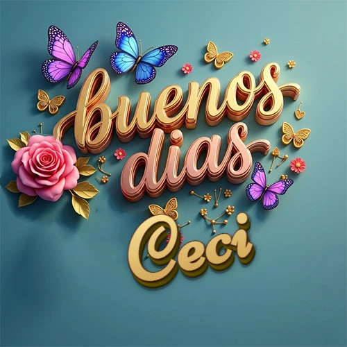 Fondo azul cielo con rosas rosadas y mariposas de colores, frase 'Buenos Días' en dorado 3D, nombre en dorado cursiva abajo. Nombre personalizado: Ceci. Fondo azul cielo con rosas rosadas y mariposas de colores, frase 'Buenos Días' en dorado 3D, nombre en dorado cursiva abajo. Nombre personalizado: Ceci.