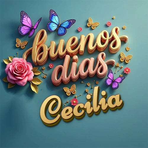 Fondo azul cielo con rosas rosadas y mariposas de colores, frase 'Buenos Días' en dorado 3D, nombre en dorado cursiva abajo. Nombre personalizado: Cecilia. Fondo azul cielo con rosas rosadas y mariposas de colores, frase 'Buenos Días' en dorado 3D, nombre en dorado cursiva abajo. Nombre personalizado: Cecilia.