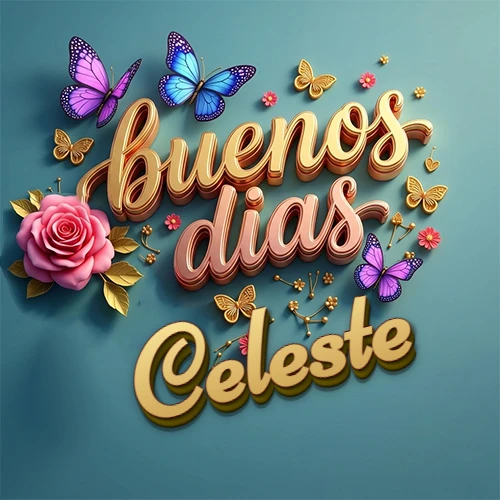 Fondo azul cielo con rosas rosadas y mariposas de colores, frase 'Buenos Días' en dorado 3D, nombre en dorado cursiva abajo. Nombre personalizado: Celeste. Fondo azul cielo con rosas rosadas y mariposas de colores, frase 'Buenos Días' en dorado 3D, nombre en dorado cursiva abajo. Nombre personalizado: Celeste.