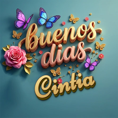 Fondo azul cielo con rosas rosadas y mariposas de colores, frase 'Buenos Días' en dorado 3D, nombre en dorado cursiva abajo. Nombre personalizado: Cintia. Fondo azul cielo con rosas rosadas y mariposas de colores, frase 'Buenos Días' en dorado 3D, nombre en dorado cursiva abajo. Nombre personalizado: Cintia.