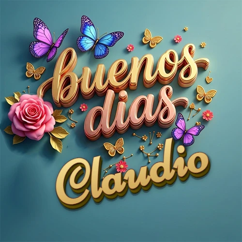 Fondo azul cielo con rosas rosadas y mariposas de colores, frase 'Buenos Días' en dorado 3D, nombre en dorado cursiva abajo. Nombre personalizado: Claudio. Fondo azul cielo con rosas rosadas y mariposas de colores, frase 'Buenos Días' en dorado 3D, nombre en dorado cursiva abajo. Nombre personalizado: Claudio.