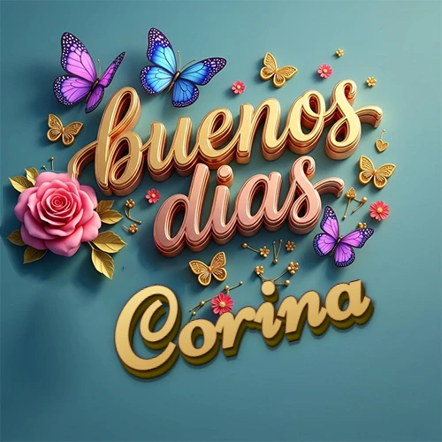 Fondo azul cielo con rosas rosadas y mariposas de colores, frase 'Buenos Días' en dorado 3D, nombre en dorado cursiva abajo. Nombre personalizado: Corina. Fondo azul cielo con rosas rosadas y mariposas de colores, frase 'Buenos Días' en dorado 3D, nombre en dorado cursiva abajo. Nombre personalizado: Corina.