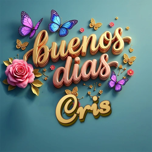 Fondo azul cielo con rosas rosadas y mariposas de colores, frase 'Buenos Días' en dorado 3D, nombre en dorado cursiva abajo. Nombre personalizado: Cris. Fondo azul cielo con rosas rosadas y mariposas de colores, frase 'Buenos Días' en dorado 3D, nombre en dorado cursiva abajo. Nombre personalizado: Cris.