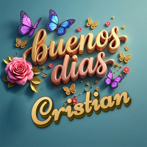 Fondo azul cielo con rosas rosadas y mariposas de colores, frase 'Buenos Días' en dorado 3D, nombre en dorado cursiva abajo. Nombre personalizado: Cristian. Fondo azul cielo con rosas rosadas y mariposas de colores, frase 'Buenos Días' en dorado 3D, nombre en dorado cursiva abajo. Nombre personalizado: Cristian.
