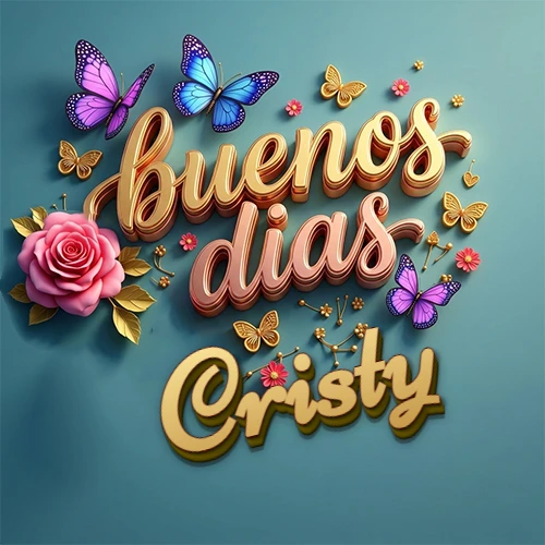 Fondo azul cielo con rosas rosadas y mariposas de colores, frase 'Buenos Días' en dorado 3D, nombre en dorado cursiva abajo. Nombre personalizado: Cristy. Fondo azul cielo con rosas rosadas y mariposas de colores, frase 'Buenos Días' en dorado 3D, nombre en dorado cursiva abajo. Nombre personalizado: Cristy.