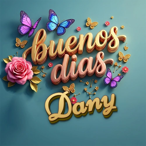 Fondo azul cielo con rosas rosadas y mariposas de colores, frase 'Buenos Días' en dorado 3D, nombre en dorado cursiva abajo. Nombre personalizado: Dany. Fondo azul cielo con rosas rosadas y mariposas de colores, frase 'Buenos Días' en dorado 3D, nombre en dorado cursiva abajo. Nombre personalizado: Dany.