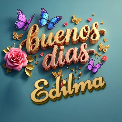 Fondo azul cielo con rosas rosadas y mariposas de colores, frase 'Buenos Días' en dorado 3D, nombre en dorado cursiva abajo. Nombre personalizado: Edilma. Fondo azul cielo con rosas rosadas y mariposas de colores, frase 'Buenos Días' en dorado 3D, nombre en dorado cursiva abajo. Nombre personalizado: Edilma.