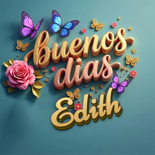Fondo azul cielo con rosas rosadas y mariposas de colores, frase 'Buenos Días' en dorado 3D, nombre en dorado cursiva abajo. Nombre personalizado: Edith. Fondo azul cielo con rosas rosadas y mariposas de colores, frase 'Buenos Días' en dorado 3D, nombre en dorado cursiva abajo. Nombre personalizado: Edith.