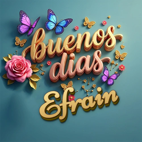 Fondo azul cielo con rosas rosadas y mariposas de colores, frase 'Buenos Días' en dorado 3D, nombre en dorado cursiva abajo. Nombre personalizado: Efrain. Fondo azul cielo con rosas rosadas y mariposas de colores, frase 'Buenos Días' en dorado 3D, nombre en dorado cursiva abajo. Nombre personalizado: Efrain.