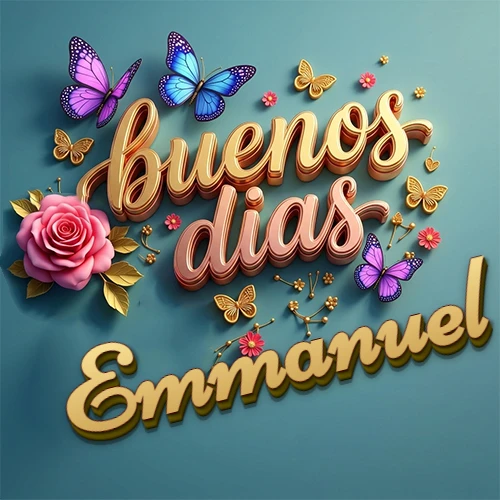 Fondo azul cielo con rosas rosadas y mariposas de colores, frase 'Buenos Días' en dorado 3D, nombre en dorado cursiva abajo. Nombre personalizado: Emmanuel. Fondo azul cielo con rosas rosadas y mariposas de colores, frase 'Buenos Días' en dorado 3D, nombre en dorado cursiva abajo. Nombre personalizado: Emmanuel.