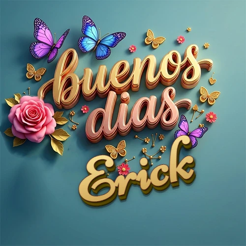 Fondo azul cielo con rosas rosadas y mariposas de colores, frase 'Buenos Días' en dorado 3D, nombre en dorado cursiva abajo. Nombre personalizado: Erick. Fondo azul cielo con rosas rosadas y mariposas de colores, frase 'Buenos Días' en dorado 3D, nombre en dorado cursiva abajo. Nombre personalizado: Erick.
