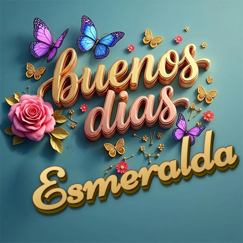 Fondo azul cielo con rosas rosadas y mariposas de colores, frase 'Buenos Días' en dorado 3D, nombre en dorado cursiva abajo. Nombre personalizado: Esmeralda. Fondo azul cielo con rosas rosadas y mariposas de colores, frase 'Buenos Días' en dorado 3D, nombre en dorado cursiva abajo. Nombre personalizado: Esmeralda.