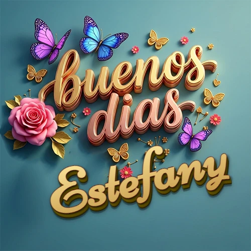 Fondo azul cielo con rosas rosadas y mariposas de colores, frase 'Buenos Días' en dorado 3D, nombre en dorado cursiva abajo. Nombre personalizado: Estefany. Fondo azul cielo con rosas rosadas y mariposas de colores, frase 'Buenos Días' en dorado 3D, nombre en dorado cursiva abajo. Nombre personalizado: Estefany.