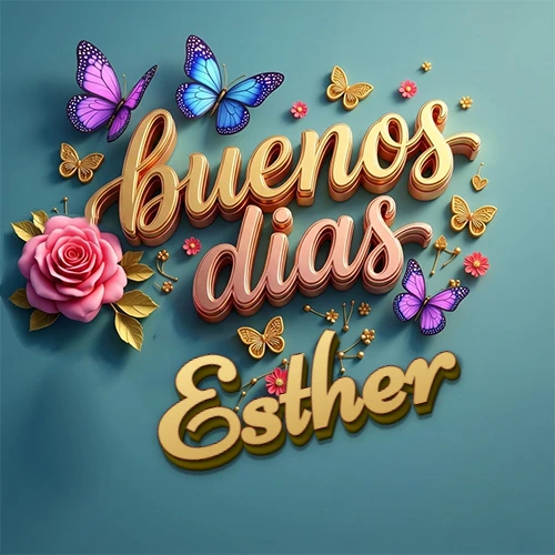 Fondo azul cielo con rosas rosadas y mariposas de colores, frase 'Buenos Días' en dorado 3D, nombre en dorado cursiva abajo. Nombre personalizado: Esther. Fondo azul cielo con rosas rosadas y mariposas de colores, frase 'Buenos Días' en dorado 3D, nombre en dorado cursiva abajo. Nombre personalizado: Esther.
