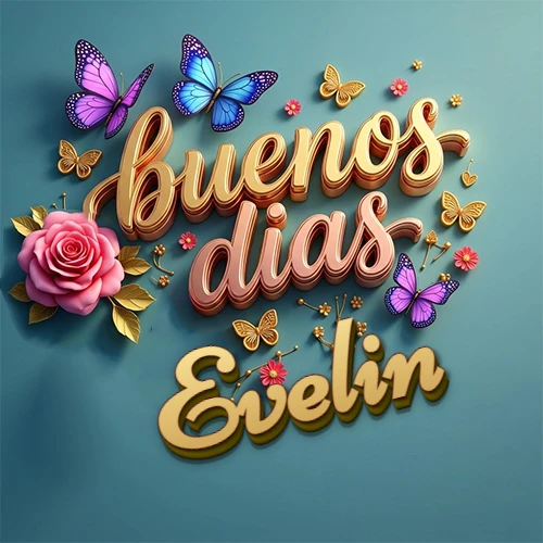 Fondo azul cielo con rosas rosadas y mariposas de colores, frase 'Buenos Días' en dorado 3D, nombre en dorado cursiva abajo. Nombre personalizado: Evelin. Fondo azul cielo con rosas rosadas y mariposas de colores, frase 'Buenos Días' en dorado 3D, nombre en dorado cursiva abajo. Nombre personalizado: Evelin.