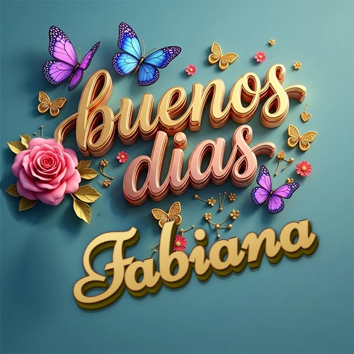 Fondo azul cielo con rosas rosadas y mariposas de colores, frase 'Buenos Días' en dorado 3D, nombre en dorado cursiva abajo. Nombre personalizado: Fabiana. Fondo azul cielo con rosas rosadas y mariposas de colores, frase 'Buenos Días' en dorado 3D, nombre en dorado cursiva abajo. Nombre personalizado: Fabiana.