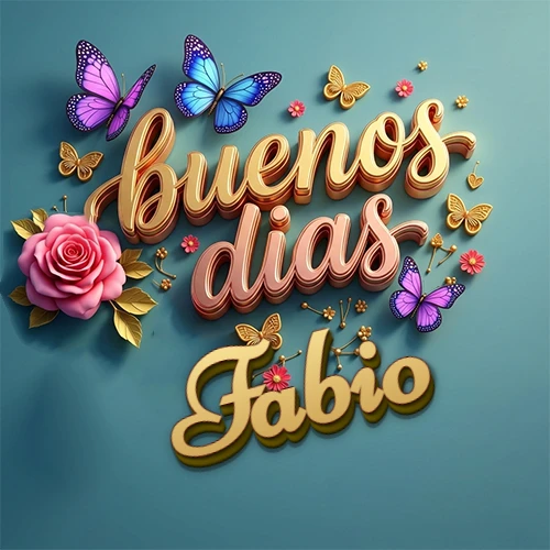 Fondo azul cielo con rosas rosadas y mariposas de colores, frase 'Buenos Días' en dorado 3D, nombre en dorado cursiva abajo. Nombre personalizado: Fabio.