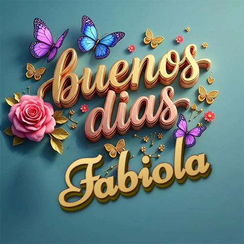 Fondo azul cielo con rosas rosadas y mariposas de colores, frase 'Buenos Días' en dorado 3D, nombre en dorado cursiva abajo. Nombre personalizado: Fabiola.