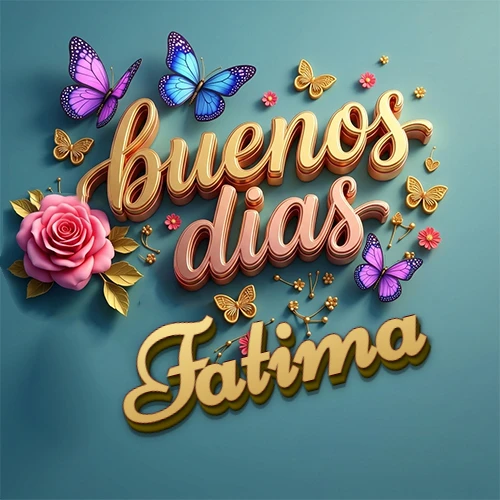 Fondo azul cielo con rosas rosadas y mariposas de colores, frase 'Buenos Días' en dorado 3D, nombre en dorado cursiva abajo. Nombre personalizado: Fatima.