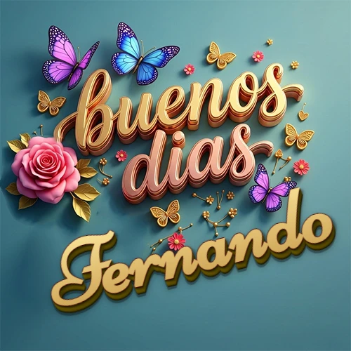 Fondo azul cielo con rosas rosadas y mariposas de colores, frase 'Buenos Días' en dorado 3D, nombre en dorado cursiva abajo. Nombre personalizado: Fernando.