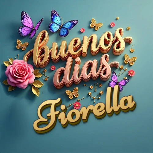 Fondo azul cielo con rosas rosadas y mariposas de colores, frase 'Buenos Días' en dorado 3D, nombre en dorado cursiva abajo. Nombre personalizado: Fiorella.