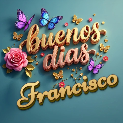 Fondo azul cielo con rosas rosadas y mariposas de colores, frase 'Buenos Días' en dorado 3D, nombre en dorado cursiva abajo. Nombre personalizado: Francisco.