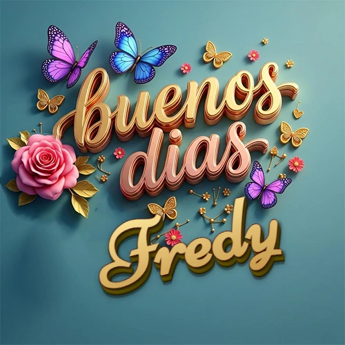 Fondo azul cielo con rosas rosadas y mariposas de colores, frase 'Buenos Días' en dorado 3D, nombre en dorado cursiva abajo. Nombre personalizado: Fredy.