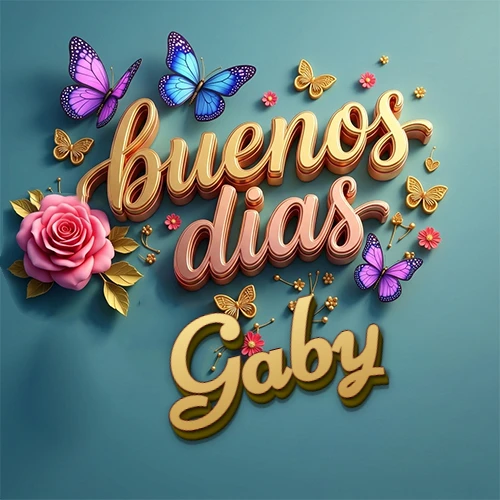 Fondo azul cielo con rosas rosadas y mariposas de colores, frase 'Buenos Días' en dorado 3D, nombre en dorado cursiva abajo. Nombre personalizado: Gaby.