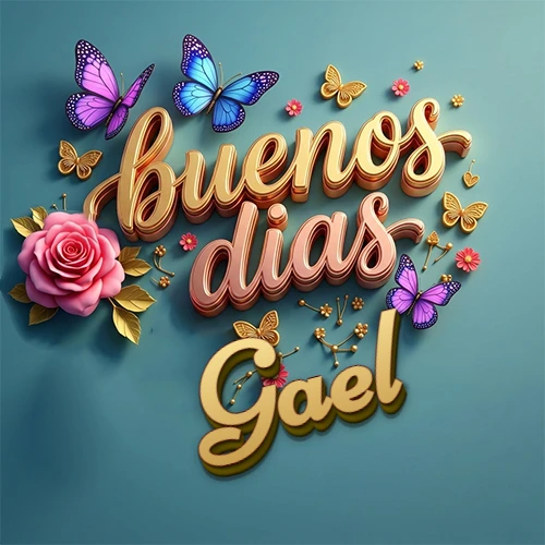 Fondo azul cielo con rosas rosadas y mariposas de colores, frase 'Buenos Días' en dorado 3D, nombre en dorado cursiva abajo. Nombre personalizado: Gael.