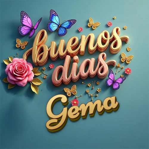 Fondo azul cielo con rosas rosadas y mariposas de colores, frase 'Buenos Días' en dorado 3D, nombre en dorado cursiva abajo. Nombre personalizado: Gema. Fondo azul cielo con rosas rosadas y mariposas de colores, frase 'Buenos Días' en dorado 3D, nombre en dorado cursiva abajo. Nombre personalizado: Gema.
