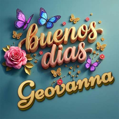 Fondo azul cielo con rosas rosadas y mariposas de colores, frase 'Buenos Días' en dorado 3D, nombre en dorado cursiva abajo. Nombre personalizado: Geovanna.