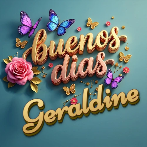 Fondo azul cielo con rosas rosadas y mariposas de colores, frase 'Buenos Días' en dorado 3D, nombre en dorado cursiva abajo. Nombre personalizado: Geraldine.