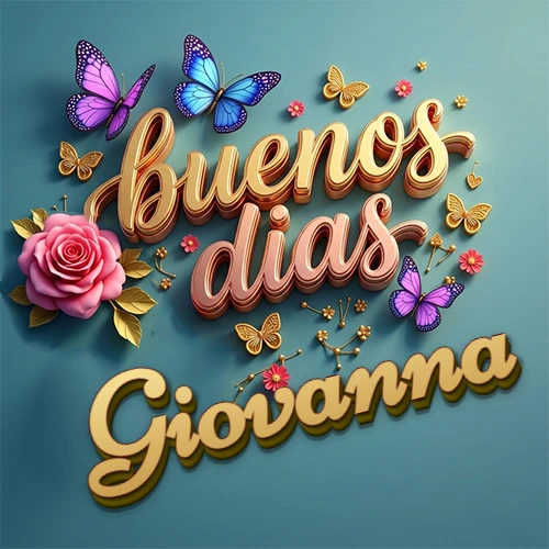 Fondo azul cielo con rosas rosadas y mariposas de colores, frase 'Buenos Días' en dorado 3D, nombre en dorado cursiva abajo. Nombre personalizado: Giovanna.