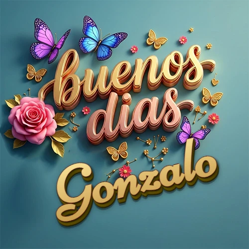 Fondo azul cielo con rosas rosadas y mariposas de colores, frase 'Buenos Días' en dorado 3D, nombre en dorado cursiva abajo. Nombre personalizado: Gonzalo.