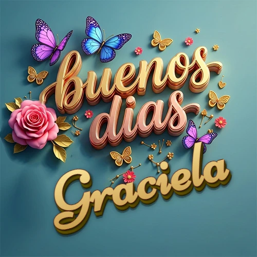 Fondo azul cielo con rosas rosadas y mariposas de colores, frase 'Buenos Días' en dorado 3D, nombre en dorado cursiva abajo. Nombre personalizado: Graciela.