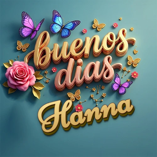 Fondo azul cielo con rosas rosadas y mariposas de colores, frase 'Buenos Días' en dorado 3D, nombre en dorado cursiva abajo. Nombre personalizado: Hanna.
