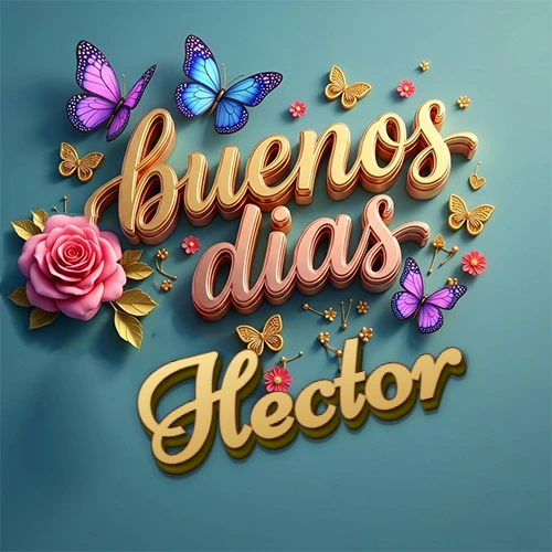 Fondo azul cielo con rosas rosadas y mariposas de colores, frase 'Buenos Días' en dorado 3D, nombre en dorado cursiva abajo. Nombre personalizado: Hector.