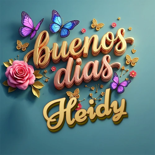 Fondo azul cielo con rosas rosadas y mariposas de colores, frase 'Buenos Días' en dorado 3D, nombre en dorado cursiva abajo. Nombre personalizado: Heidy.