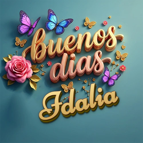 Fondo azul cielo con rosas rosadas y mariposas de colores, frase 'Buenos Días' en dorado 3D, nombre en dorado cursiva abajo. Nombre personalizado: Idalia.