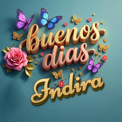 Fondo azul cielo con rosas rosadas y mariposas de colores, frase 'Buenos Días' en dorado 3D, nombre en dorado cursiva abajo. Nombre personalizado: Indira.