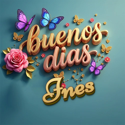 Fondo azul cielo con rosas rosadas y mariposas de colores, frase 'Buenos Días' en dorado 3D, nombre en dorado cursiva abajo. Nombre personalizado: Ines.