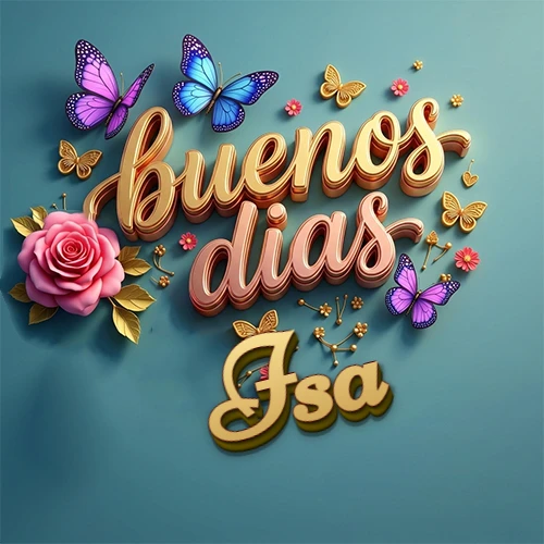 Fondo azul cielo con rosas rosadas y mariposas de colores, frase 'Buenos Días' en dorado 3D, nombre en dorado cursiva abajo. Nombre personalizado: Isa.