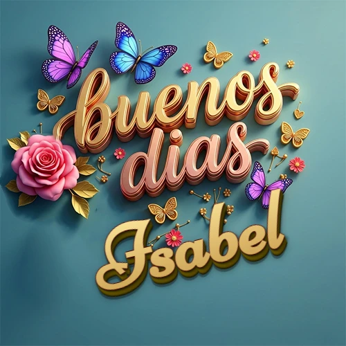 Fondo azul cielo con rosas rosadas y mariposas de colores, frase 'Buenos Días' en dorado 3D, nombre en dorado cursiva abajo. Nombre personalizado: Isabel.
