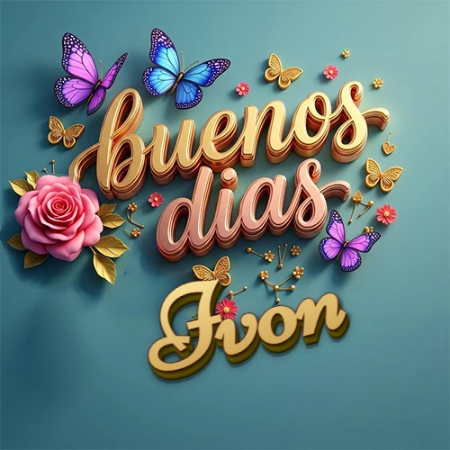 Fondo azul cielo con rosas rosadas y mariposas de colores, frase 'Buenos Días' en dorado 3D, nombre en dorado cursiva abajo. Nombre personalizado: Ivon.