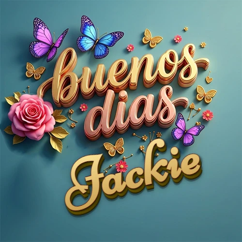 Fondo azul cielo con rosas rosadas y mariposas de colores, frase 'Buenos Días' en dorado 3D, nombre en dorado cursiva abajo. Nombre personalizado: Jackie.